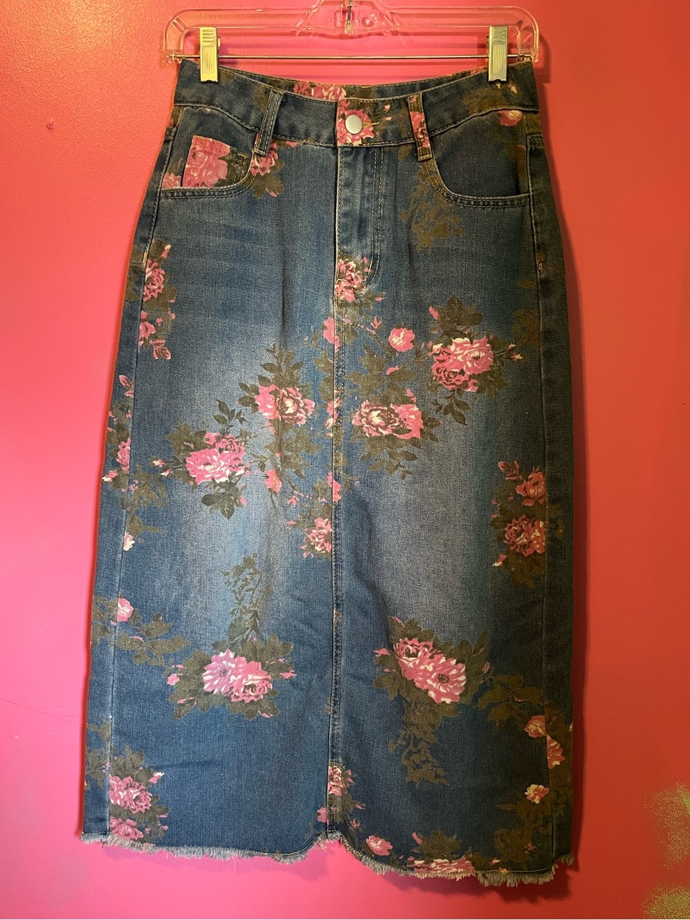 Floral denim midi skirt with pink floral details